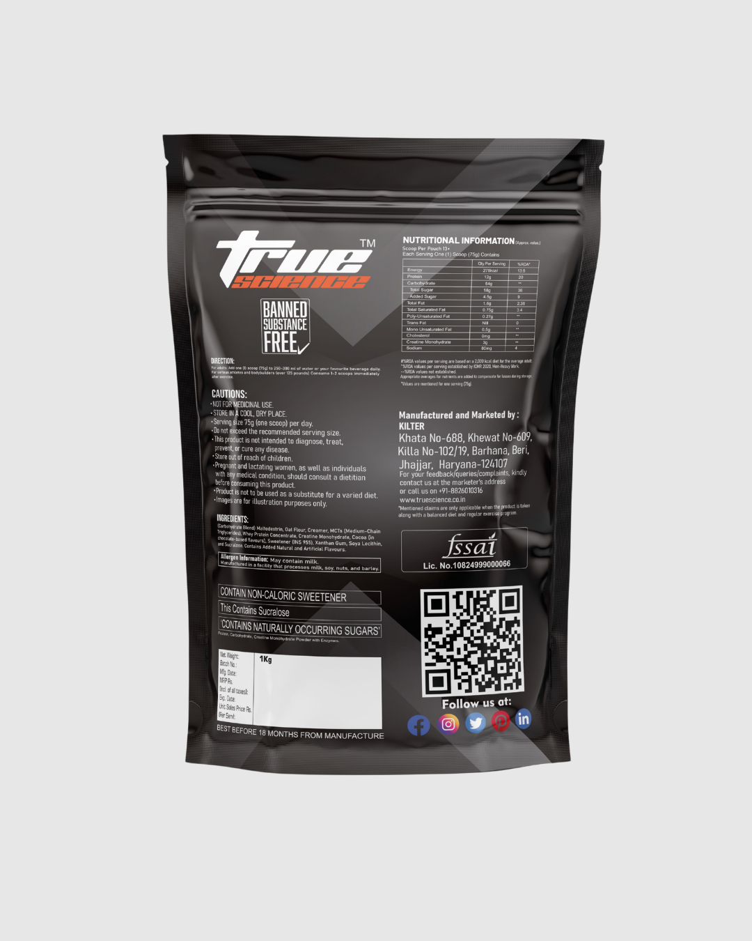 True Science Super Mass Gainer β The Ultimate Formula for Maximum Muscle Growth & Recovery (1KG, Chocolate Flavor )